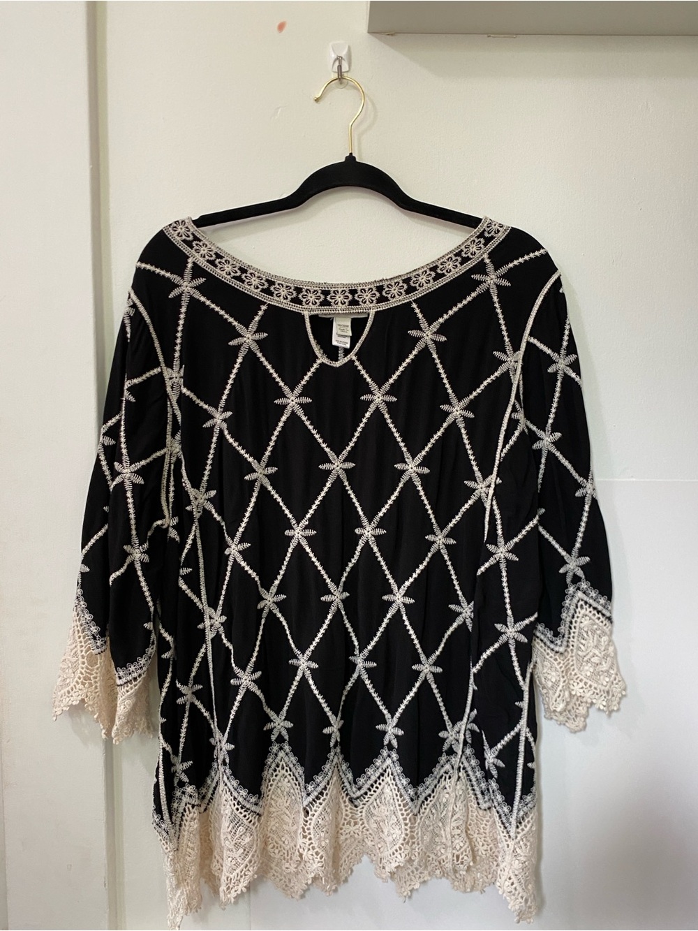 Cato Black Tunic with Cream Crochet Trim